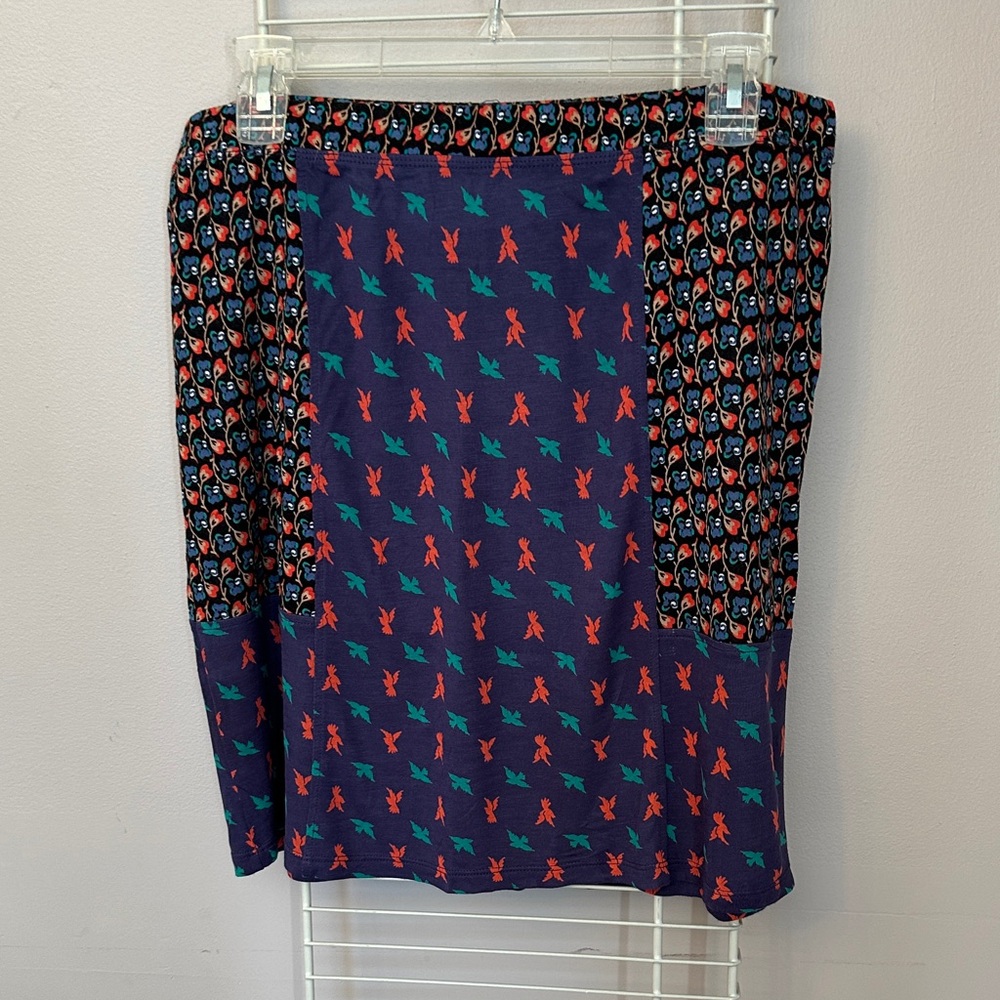 French Connection Navy Patchwork Mini Skirt with Red & Teal Motifs